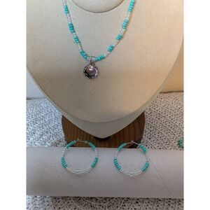 Set of three Turquoise Beaded Bracelets, Ankle Bracelet and hoop earrings